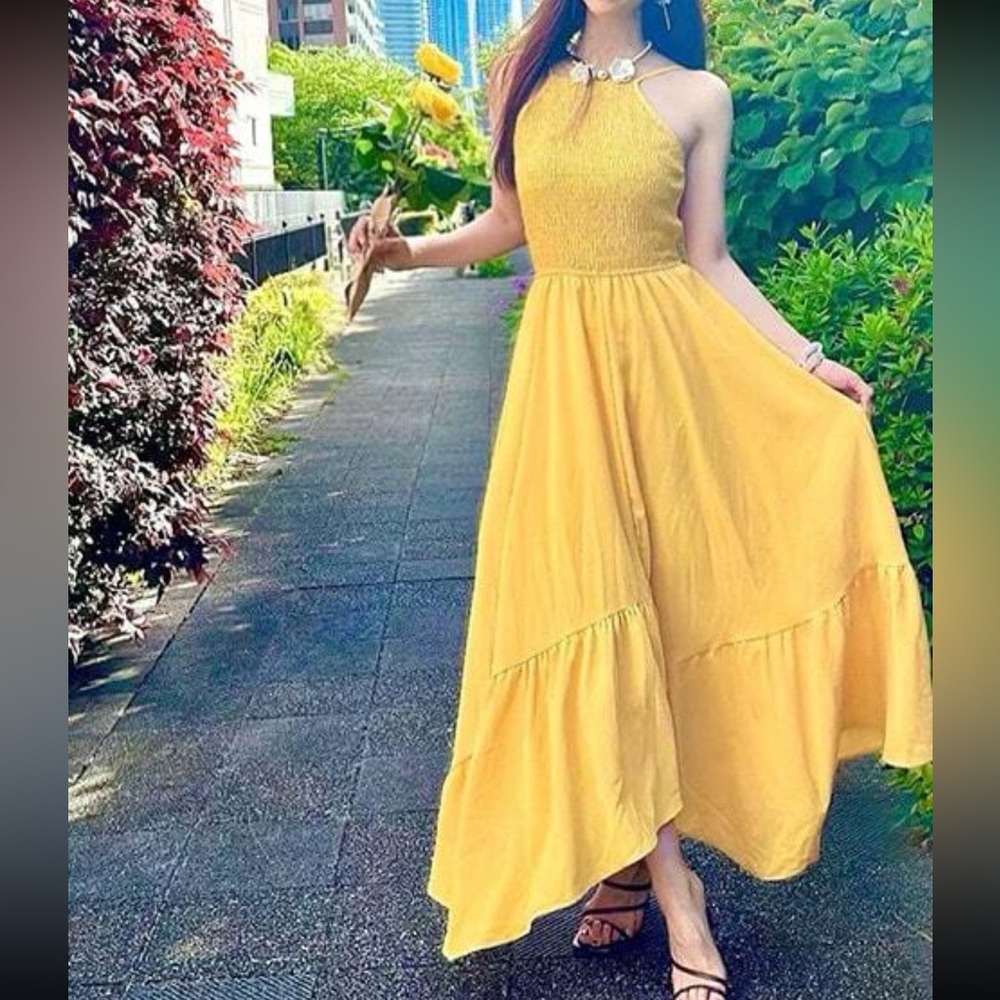 Shirred Cami Yellow Flared Maxi Long Dress Asymmetrical Hem - Picture 9 of 14